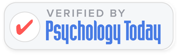 Verified by Psychology Today badge: red checkmark in a circle on the left, with 'Verified by' and blue 'Psychology Today' text on a pale background.