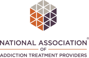 National Association of Addiction Treatment Providers logo. Cube made of orange, gray and purple triangles.