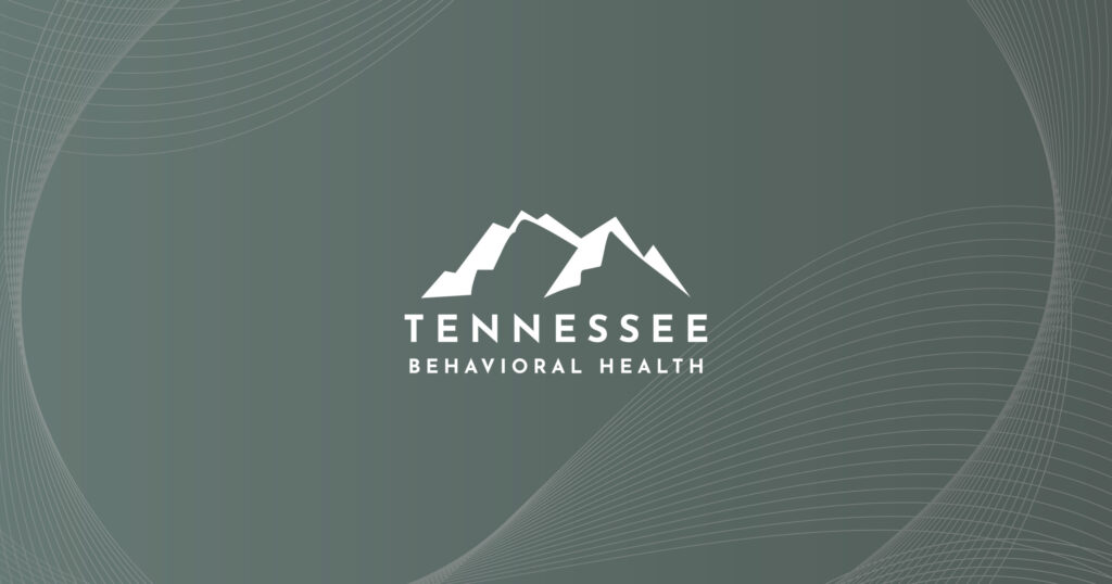 Tennessee Behavioral Health logo with white mountain peaks and the organization name on a teal background.