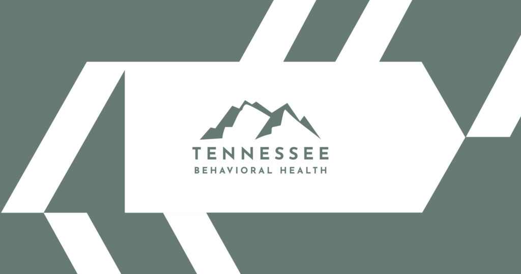 Tennessee Behavioral Health logo with stylized mountains on a teal and white geometric background.