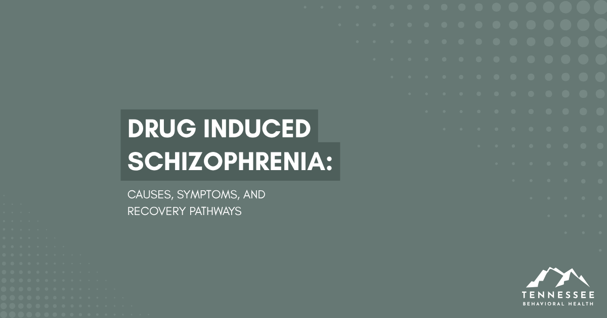 Title slide: Drug induced schizophrenia — causes, symptoms, and recovery pathways; Tennessee Behavioral Health logo bottom right.