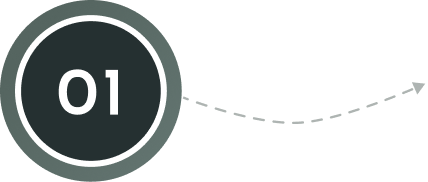 Circular step 1 badge with the number 01 and a dashed curved arrow pointing to the right.