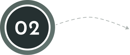 Step 2 badge in a multi-step process: dark circular badge labeled'02' with a teal ring and a dashed arrow pointing to the right.