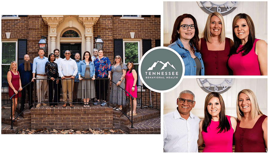 Group photo of Tennessee Behavioral Health staff standing on brick steps outside a building, with two inset portraits and a circular logo in the center.