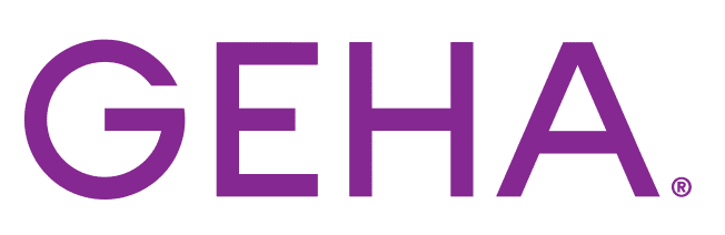 GEHA® logo in purple letters on a black background.