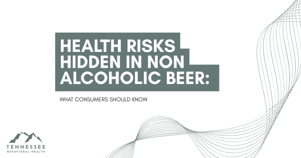 Cover slide for a report: 'Health Risks Hidden in Non-Alcoholic Beer: What Consumers Should Know' with abstract wavy lines and Tennessee Behavioral Health logo in the corner